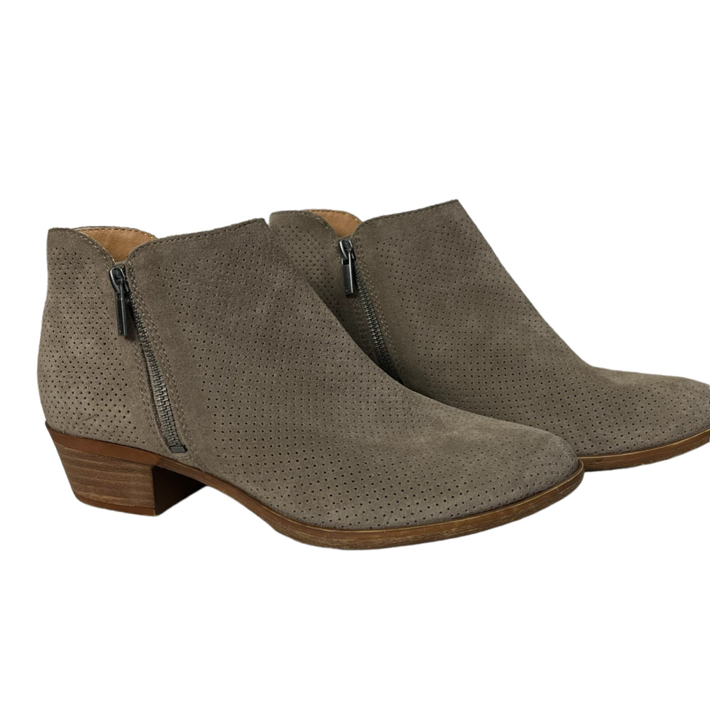 Lucky Brand Basel Women's 10 Ankle Boots Bootie Side Zip Suede Beige Perforated